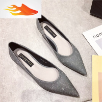 FISH BASKET2019新款韩版BlingBling闪闪尖头中跟单鞋女鞋子OL通勤工作鞋春季