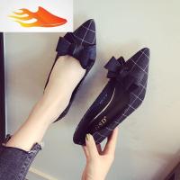 FISH BASKET2019春季女鞋韩版中低跟单鞋蝴蝶结布料小格子侧空平跟乖乖女鞋女
