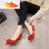 FISH BASKET新款潮春秋3cm高跟鞋低跟细跟猫跟浅口红色婚鞋小码绒面女鞋单鞋