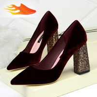 FISH BASKET欧美风时尚简约亮片粗跟高跟绒面浅口尖头性感夜店单鞋高跟鞋女鞋