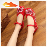 FISH BASKET老北京绣花鞋新款民族风浅口坡跟牛筋底女鞋单鞋中式秀禾新娘女鞋