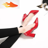 FISH BASKET2019春秋新款韩版漆皮浅口粗跟单鞋红色新娘婚鞋百搭舒适中跟女鞋