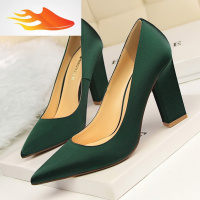 FISH BASKET2019春季新款韩版绸缎尖头高跟鞋粗跟女鞋黑色红色绿色浅口秋单鞋