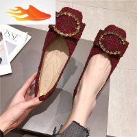 FISH BASKET2019春季新款百搭淑女方头平底单鞋红水钻扣平跟浅口女鞋奶奶鞋