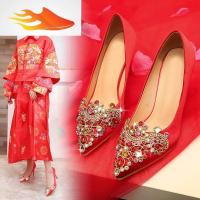 FISH BASKET婚鞋女鞋子2019新娘红色高跟鞋细跟结婚礼秀禾鞋粗跟孕妇新款冬季