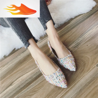 FISH BASKET2019新款韩版女鞋春秋季低跟鞋女百搭尖头花呢子布料粗跟显瘦大码休闲鞋