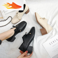 FISH BASKET2019新款春季ins小皮鞋高跟英伦风粗跟单鞋中跟百搭黑色增高女鞋