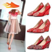 FISH BASKET2019春夏季孕妇结婚鞋坡跟单鞋高跟内增高女鞋婚礼红色新娘鞋
