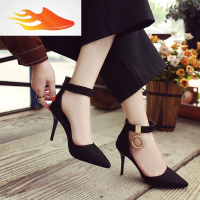 FISH BASKET2019秋季新款欧美细跟浅口尖头职业高跟鞋一字扣环女鞋黑色单鞋潮
