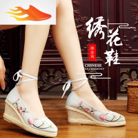 FISH BASKET古风绣花女鞋新款坡跟老北京布鞋圆头绑带民族风学生汉服古装弓鞋休闲鞋