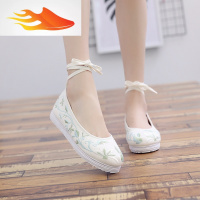 FISH BASKET古风汉服女鞋新款圆头老北京布鞋女千层底绣花鞋绑带民族风平底鞋