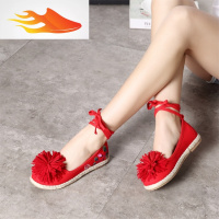 FISH BASKET2019春秋新款女鞋复古浅口绣花鞋民族风老北京布鞋交叉绑带女单鞋