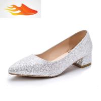 FISH BASKET新款亮片单鞋女尖头粗中跟女鞋金银色礼服宴会婚鞋伴娘鞋低帮鞋春