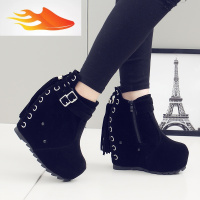 FISH BASKET流苏短靴黑色绒面防水台超高跟13cm坡跟性感女靴子厚底马丁靴女鞋休闲鞋