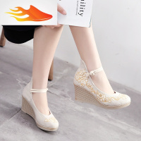 FISH BASKET2019新款汉服布鞋中国风民族古风复古简约高跟坡根女鞋休闲鞋