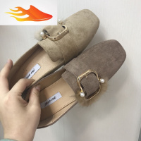 FISH BASKET秋冬绒面单鞋女貂毛棉瓢鞋配长裙的鞋子粗跟女鞋女秋季百搭方头