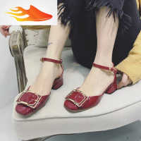 FISH BASKET2019新款女鞋春季单鞋方扣漆皮玛丽珍复古罗马一字扣带浅口方头鞋