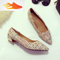 FISH BASKET2019秋季甜美约会单鞋女鞋OL尖头低跟鞋彩编呢子布女鞋有大码