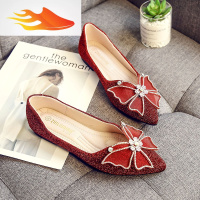 FISH BASKET婚鞋女2019新款红色新娘鞋平底伴娘鞋大码女鞋41-43豆豆鞋女春秋休闲鞋