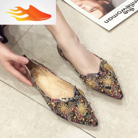 FISH BASKET女鞋2019新款韩版烫钻印花布尖头平底鞋单鞋女百搭软底豆豆鞋瓢鞋