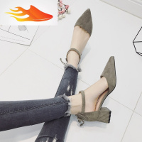 FISH BASKET韩版蝴蝶结一字扣带单鞋杏色绒面粗跟高跟鞋中跟玛丽珍鞋淑女鞋粉