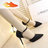 FISH BASKETol时尚高跟小单鞋黑色绒面尖头工作鞋9cm一字搭扣绿新款职业女鞋