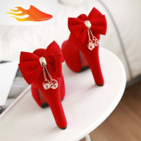 FISH BASKET春季新款婚礼新娘鞋性感蝴蝶结粗跟单鞋超高跟女鞋红色结婚鞋