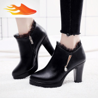 FISH BASKET2019秋冬新款高跟粗跟防水台花边单鞋百搭深口鞋尖头大码女鞋