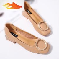 FISH BASKET方头单鞋浅口中跟女鞋粗跟百搭圆环扣女装四季鞋秋鞋女2019新款