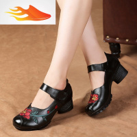 FISH BASKET春秋妈妈鞋中跟女鞋民族风跳舞软底单皮鞋手工绣花中老年单鞋