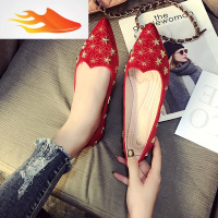 FISH BASKET丝绒女鞋春2019新款韩版铆钉尖头浅口单鞋女平底大红色伴娘结婚鞋