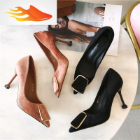 FISH BASKET2019新款秋冬款绒面金属扣浅口尖头高跟鞋酒杯跟套脚9cm单鞋女鞋