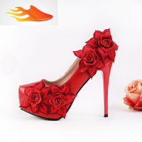 FISH BASKET新款婚鞋红色玫瑰花新娘鞋单鞋女鞋秀禾防水台细跟超高跟鞋14厘米