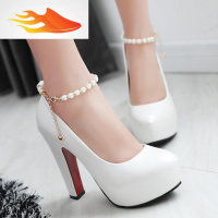 FISH BASKET韩版百搭粗跟圆头女鞋子2019新款春秋季大码性感超高跟鞋串珠单鞋