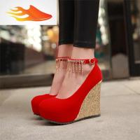 FISH BASKET2019春季红色水钻婚鞋性感超高跟坡跟单鞋厚底防水台新娘鞋女鞋子