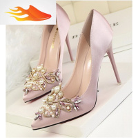 FISH BASKET公主家秋季韩版时尚钉珠亮钻缎面单鞋尖头套脚细跟高跟鞋晚宴女鞋