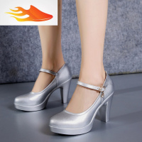 FISH BASKET旗袍鞋走秀演出高跟鞋粗跟模特鞋银色单鞋圆头防水台大码女鞋