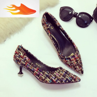 FISH BASKET单鞋女布面呢料高中鞋女猫跟鞋细跟浅口百搭女鞋欧美职业中跟女鞋