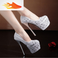 FISH BASKET欧美春秋夜店性感细跟单鞋15cm超高跟防水台亮片水钻圆头时尚女鞋