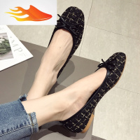 FISH BASKET女鞋韩版2019春款平底鞋浅口方头蝴蝶结大码软底单鞋布料豆豆鞋潮