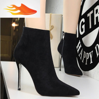 FISH BASKET2019新款女鞋秋冬靴子加绒面尖头短靴细高跟踝靴磨砂英伦马丁女靴休闲鞋