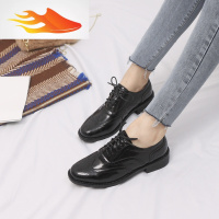 FISH BASKET春季粗跟单鞋2019新款女鞋英伦学院风布洛克学生黑色小皮鞋女系带