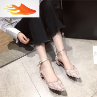 FISH BASKET第二眼男人春季时尚一字扣带浅口尖头方根水钻舒适百搭新款女鞋黑休闲鞋