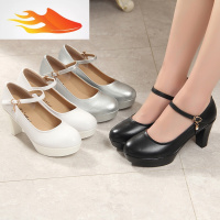 FISH BASKET8cm高跟鞋女粗跟防水台圆头新款模特皮鞋中老年旗袍走秀女鞋浅口