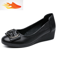FISH BASKET黑色坡跟女鞋中年女式春秋浅口皮鞋加宽头圆头百搭套脚工作鞋休闲鞋