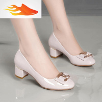 FISH BASKET2019年春季新款女鞋百搭单鞋女士中跟圆头漆皮高跟鞋女粗跟大码42