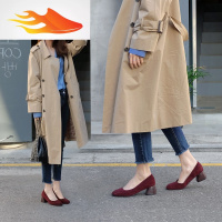 FISH BASKET2019新款红女鞋粗跟单鞋温柔鞋配长裙的鞋复古职业浅口高跟鞋女