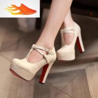 FISH BASKET2019春季欧美小码女鞋超高跟防水台搭扣粗跟夜店大码单鞋工作鞋子