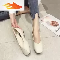 FISH BASKET2019春新款简约复古方头软皮奶奶鞋百搭浅口拼接套脚平跟单鞋女鞋