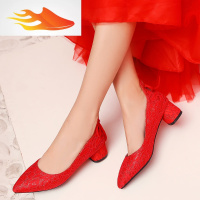 FISH BASKET2019春秋款女鞋中跟鞋尖头粗跟单鞋女红色新娘婚鞋蕾丝婚礼伴娘鞋